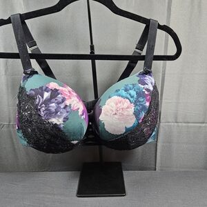 40DDD Cacique Underwire Push Up Padded Bra Boost Balconette Green & Black Floral